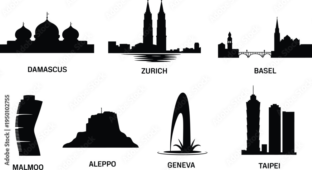 Fototapeta premium Damascus Zurich Basel Malmoo Aleppo Geneva Taipei vector cityscapes buildings silhouettes