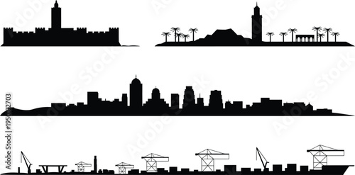 Collection of various city skylines and architectural silhouettes set against grid