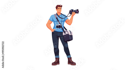 Photographer with Professional Camera: A male photographer, ready to capture moments, holds his professional camera, showcasing the equipment of his craft.
