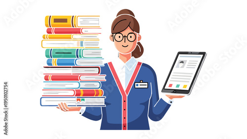 Knowledge Keeper: A smiling woman, glasses perched, cradles a tower of knowledge in the form of books while showcasing a modern digital tablet, bridging traditional and digital learning.