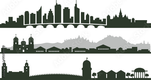 Dark green urban skyline compositions featuring arched bridges and grand cathedral architecture