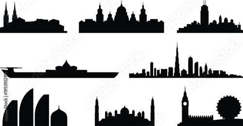 Global landmark silhouettes collection featuring world city skylines and architectural monuments