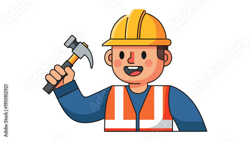 Construction Worker's Smile: A cheerful construction worker wearing a safety vest and helmet confidently holds up a hammer. A symbol of craftsmanship and hard work.