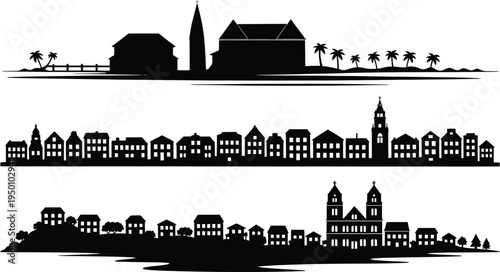 Historic european city skyline silhouette vector set portrays charming old world architecture