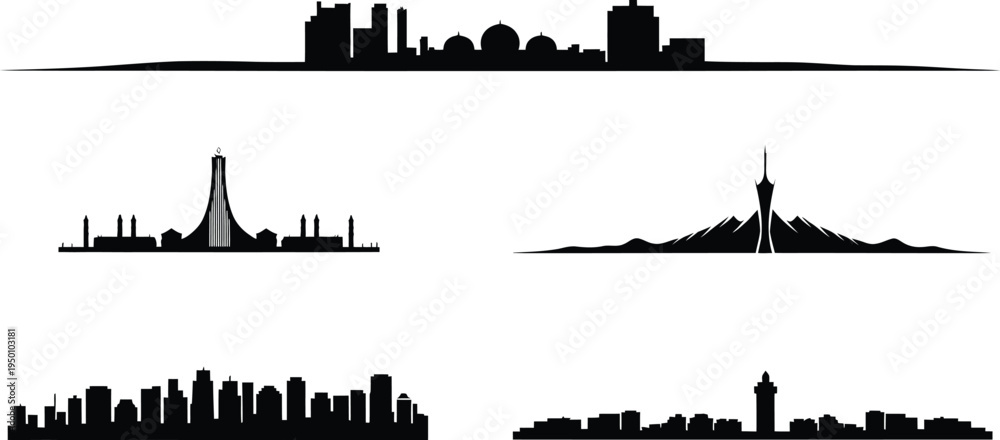Obraz premium Middle eastern and global cityscape silhouettes featuring urban skylines with landmark towers