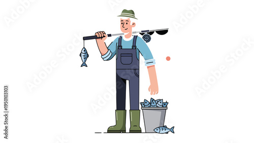 Fisherman's Bounty: A fisherman, armed with a rod and reel, proudly displays his catch, a testament to a successful day spent in the quiet pursuit of angling. 