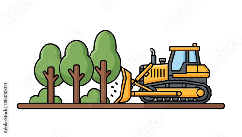 Heavy Equipment Bulldozer Engaged in Land Clearing, Removing Trees on a Construction Site, Side View Vector Illustration
