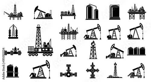 Silhouetted Oil and Gas Industry Equipment - Rigs, Pumps, and Storage.