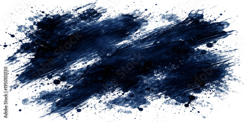 Black ink splats and grunge splashes merge with a blue ocean landscape under a cloudy sky to create an abstract nature scene of storm waves and mountain light