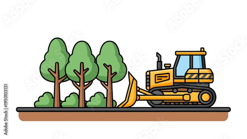 Illustration of a yellow bulldozer operating on a construction site, preparing land by clearing trees and bushes outdoors.