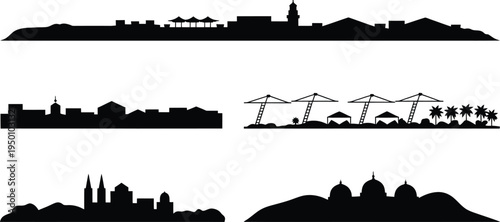 Mediterranean city skyline silhouettes feature historical architecture and beach holiday elements