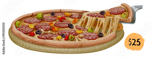 Pizza icon vector illustration. Pizza slice icon. Create your own pizza with 25. pepperoni pizza slice.  AI, EPS, PNG. Editable stroke.