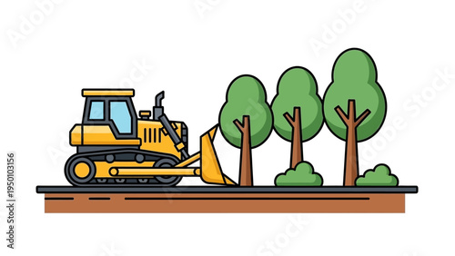 Vibrant Flat Style Illustration of a Heavy Equipment Earthmover and Green Trees, Depicting Land Preparation or Construction Work