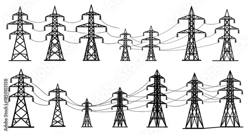 Array of High-Voltage Power Line Towers and Electrical Transmission.
