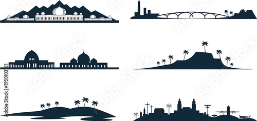 Middle east asia and pacific ocean vector cityscapes buildings and landscapes silhouettes