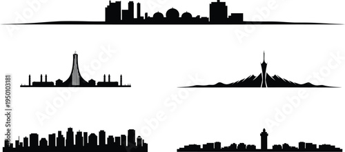 Middle eastern and global cityscape silhouettes featuring urban skylines with landmark towers