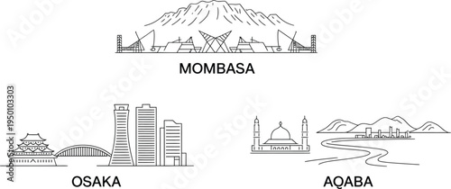 Outline vector drawings of Mombasa Osaka and Aqaba city skylines with landscape