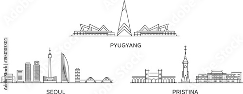 Pyongyang Seoul Pristina travel line vector silhouettes famous architecture monuments and detailed skylines