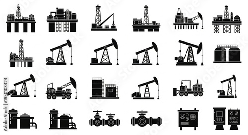 Oil Industry Icons - Rigs, Pumps, and Infrastructure Silhouettes.
