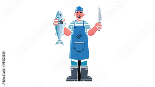 Fisherman's Catch and Culinary Blade: A skilled fisherman proudly displays his freshly caught fish alongside a sharp knife, ready for the culinary art.