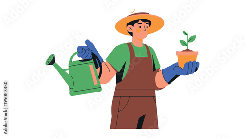 Gardener Nurturing Growth: An illustration showcases a gardener in a straw hat tending a young plant. The scene conveys dedication to cultivating new life.