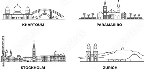 Set of 4 outlines of cityscapes: khartoum, paramaribo, stockholm, and zurich