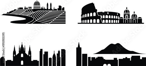 Set of 4 silhouettes of italian cityscapes featuring iconic roman and milanese landmarks
