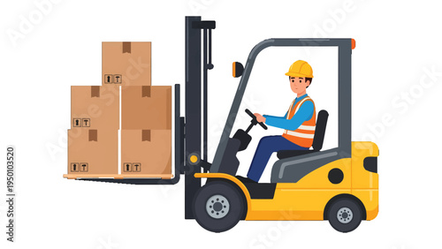 Warehouse Handling: An illustration of a diligent worker operating a forklift, carefully maneuvering a load of cardboard boxes, embodying the efficiency of warehouse logistics.