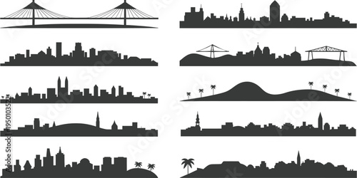 Skyline silhouette set with city buildings urban landmarks and bridge elements for vector icons
