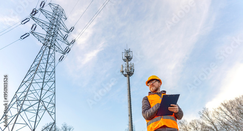 Quadro su tela Electrical engineer inspecting power lines and a telecom tower