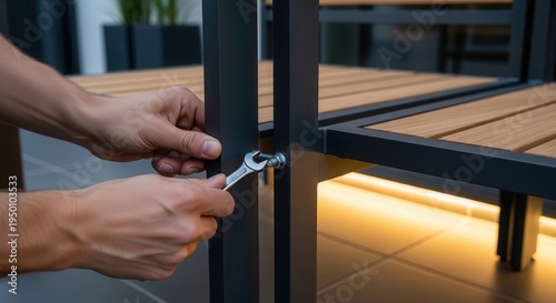 Hands assembling a modern wooden outdoor furniture piece using a wrench and screws