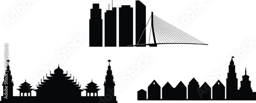 Set of contrasting silhouettes featuring modern skyscrapers cultural buildings and traditional housing