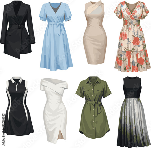 Create a realistic kinds of deferent smart modern women dress vector art with white background.