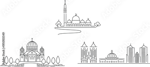 Traditional religious and modern urban architectural line icons featuring mosques and cathedrals