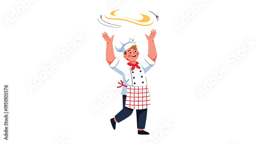 Flour Artist: A skilled chef in a classic uniform expertly tosses dough high in the air, creating a captivating display of culinary mastery.