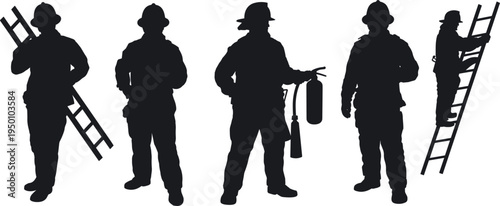 Set of firefighter silhouettes, vector black fireman icons with ladder and extinguisher, emergency fire rescue service