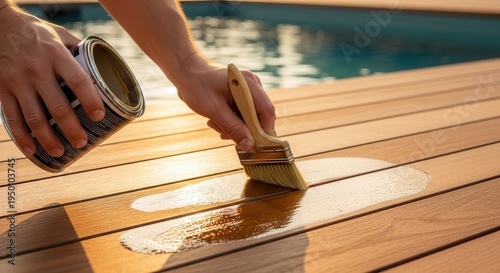Careful application of a protective wood finish to a beautiful outdoor deck surface using a paintbrush, enhancing the appearance and durability of the planks next to a serene swimming pool