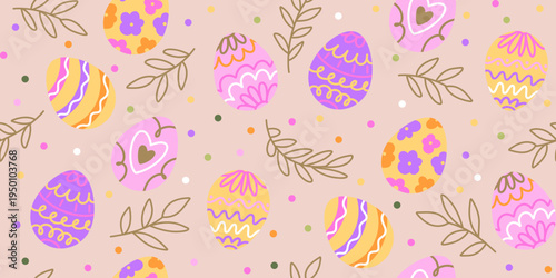 Seamless Easter egg pattern on beige background with hand-drawn doodle ornaments and line art twigs. Minimalist spring floral design for nursery textiles and wrapping paper.