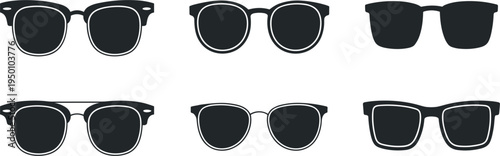Set of black sunglasses icons, vector summer fashion eyewear silhouettes, trendy sun glasses shapes for graphic design