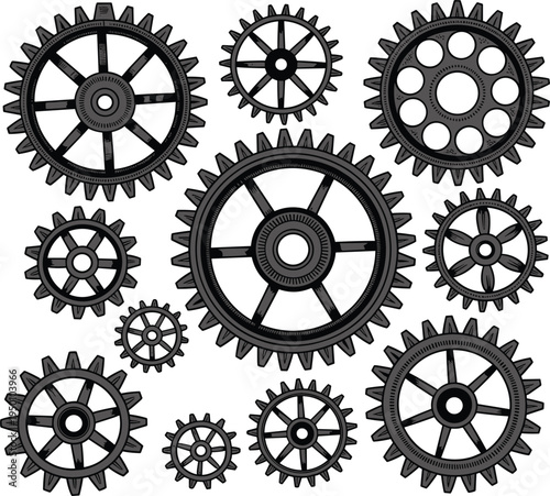 Mechanical gear set with various clockwork wheels and cogs for industrial design