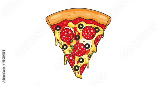 Pizza slice illustration with pepperoni olives and cheese isolated