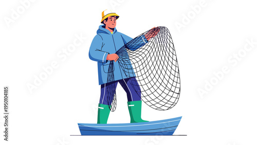 Fisherman and Fishing Net: A lone fisherman, stands aboard his boat, preparing his net for the day's catch. The image exudes a sense of anticipation and the tranquility of the open water.