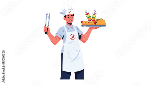 Culinary Creation: A cheerful chef presents a delectable array of grilled delights, including kebabs and a hot dog, on a silver platter. Capturing the joy of food and hospitality.