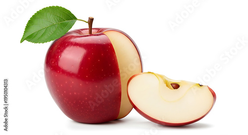 Fresh Red Apple with Green Leaf and Sliced Wedge Isolated on White Background