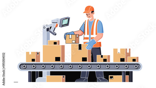 Warehouse Efficiency: A dedicated warehouse worker diligently manages packages on an automated conveyor belt system, ensuring seamless operations. Highlighting productivity and streamlined logistics.