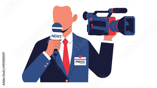 News Reporter with Equipment: A graphic representation of a focused news reporter, clutching a microphone and camera, set against an off-white backdrop.