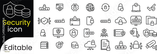 A set of Outline icons vectors showing digital security data protection and cyber privacy concepts 