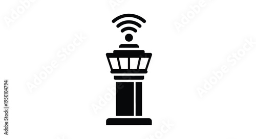 Black silhouette of an air traffic control tower with a wifi signal