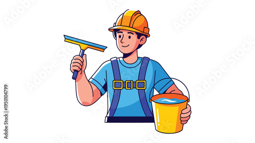 Cleanliness Craft: An illustration portrays a diligent worker, a yellow hard hat upon their head, confidently wielding a window cleaner, with a bucket in hand, ready for work.