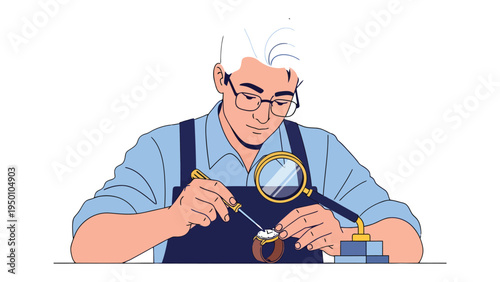 Precision in Time: A skilled craftsman, his keen eyes magnified by lenses, meticulously repairs a timepiece, a testament to the art of horology and the pursuit of perfection.